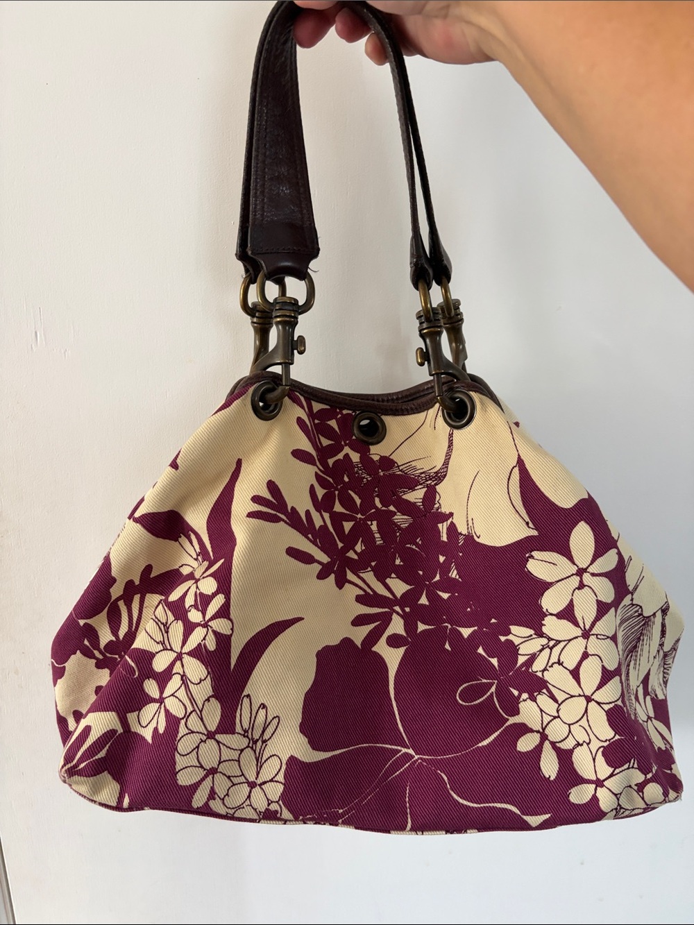 Miu Miu - Floral Canvas Tote Handbag in Cream and Plum